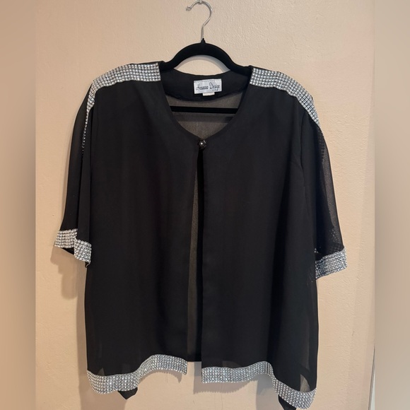 Undefined Sweaters - Hosanna Design Chic Black Short-Sleeve Open Cardigan with Silver Sparkle Trim